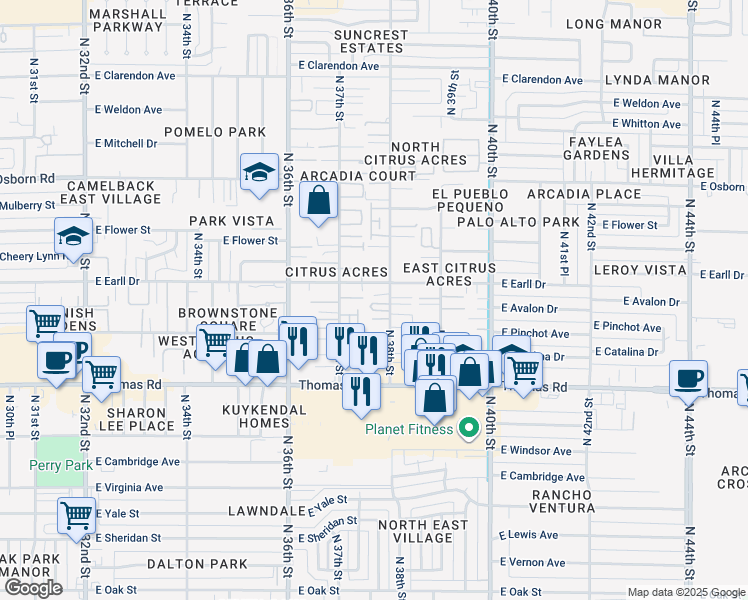 map of restaurants, bars, coffee shops, grocery stores, and more near 3030 North 38th Street in Phoenix