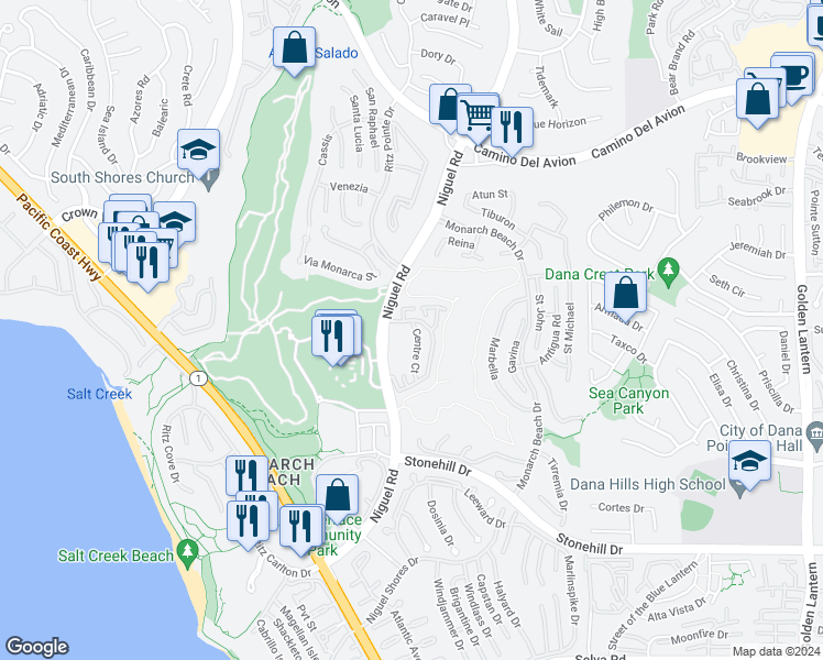 map of restaurants, bars, coffee shops, grocery stores, and more near 7 Centre Court in Dana Point