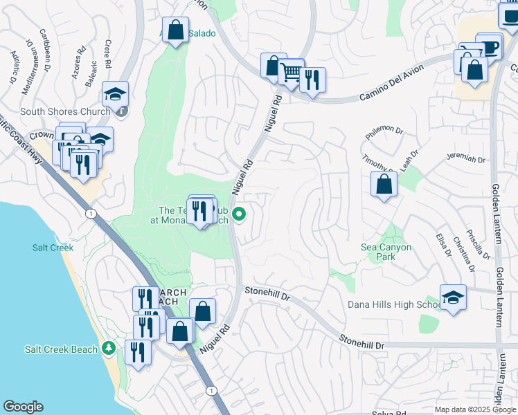 map of restaurants, bars, coffee shops, grocery stores, and more near 1 Tennis Villas Drive in Dana Point