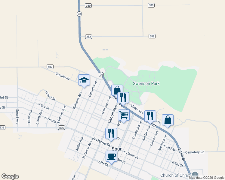 map of restaurants, bars, coffee shops, grocery stores, and more near Granite St in Spur