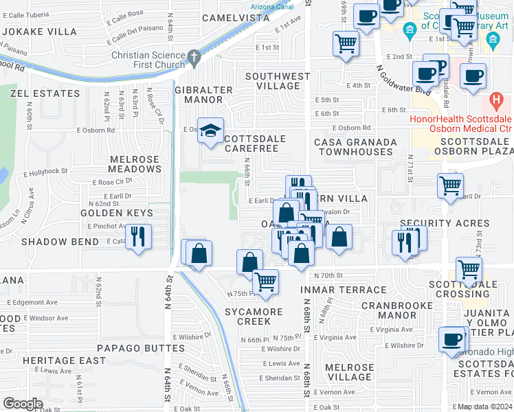 map of restaurants, bars, coffee shops, grocery stores, and more near 6634 East Avalon Drive in Scottsdale