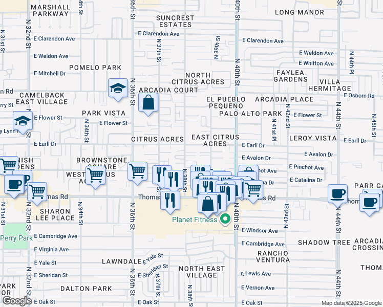 map of restaurants, bars, coffee shops, grocery stores, and more near 3017 North 38th Street in Phoenix