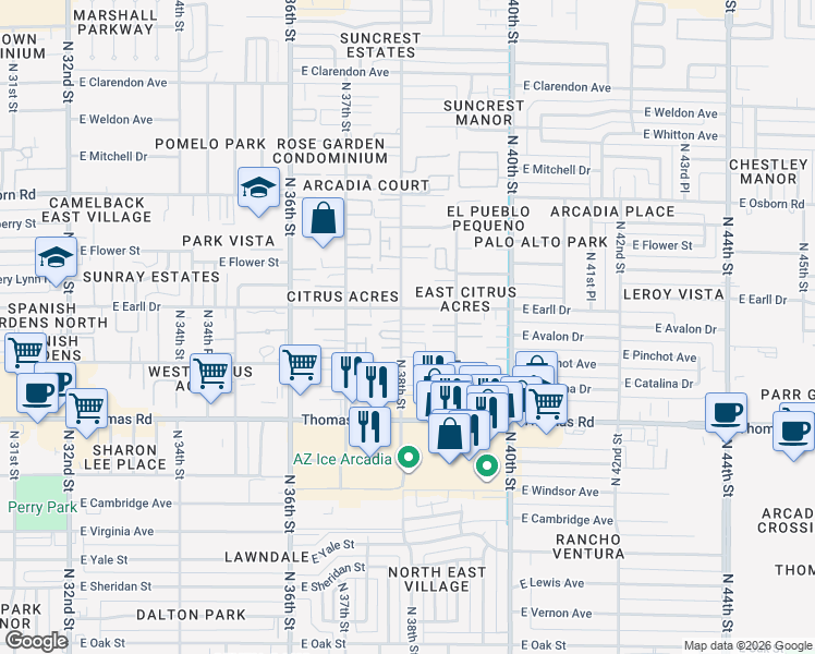map of restaurants, bars, coffee shops, grocery stores, and more near 3017 North 38th Street in Phoenix