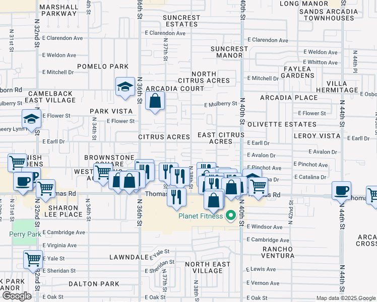map of restaurants, bars, coffee shops, grocery stores, and more near 3022 North 38th Street in Phoenix