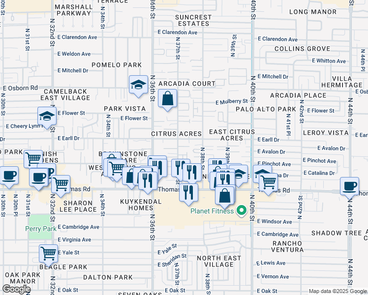 map of restaurants, bars, coffee shops, grocery stores, and more near 3708 East Pinchot Avenue in Phoenix