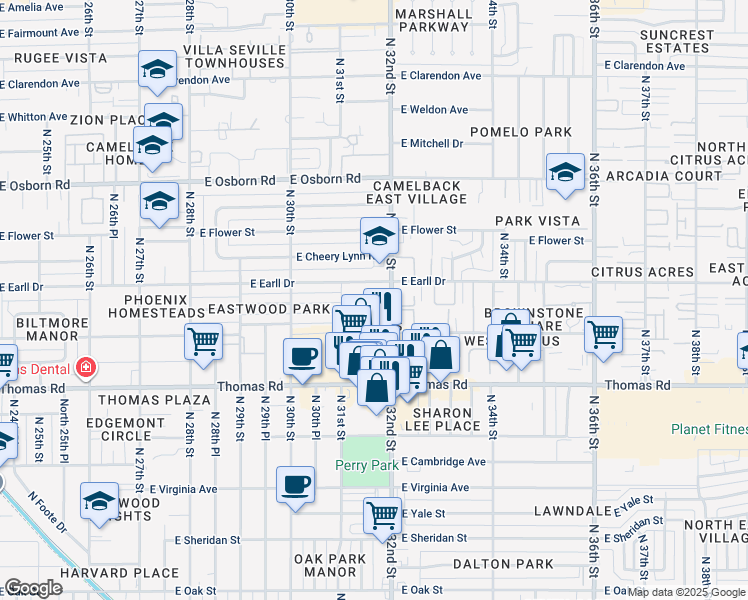 map of restaurants, bars, coffee shops, grocery stores, and more near 3022 North 32nd Street in Phoenix
