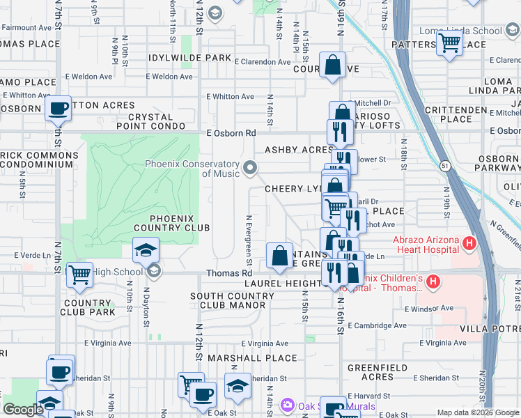 map of restaurants, bars, coffee shops, grocery stores, and more near 3017 North Evergreen Street in Phoenix