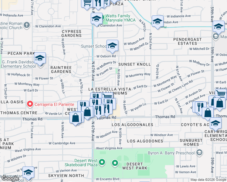 map of restaurants, bars, coffee shops, grocery stores, and more near 3036 North 64th Drive in Phoenix