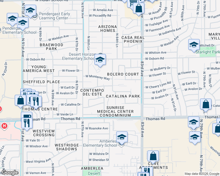 map of restaurants, bars, coffee shops, grocery stores, and more near 3038 North 85th Lane in Phoenix