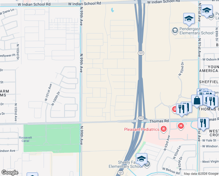 map of restaurants, bars, coffee shops, grocery stores, and more near 3301 North 99th Avenue in Phoenix