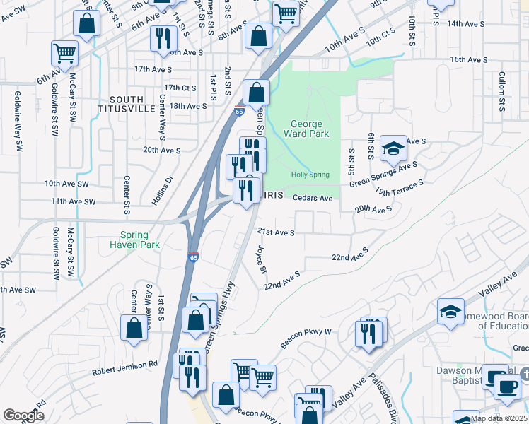 map of restaurants, bars, coffee shops, grocery stores, and more near 2172 Green Springs Highway in Birmingham