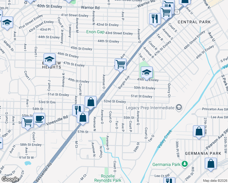 map of restaurants, bars, coffee shops, grocery stores, and more near 1504 51st Street Ensley in Birmingham