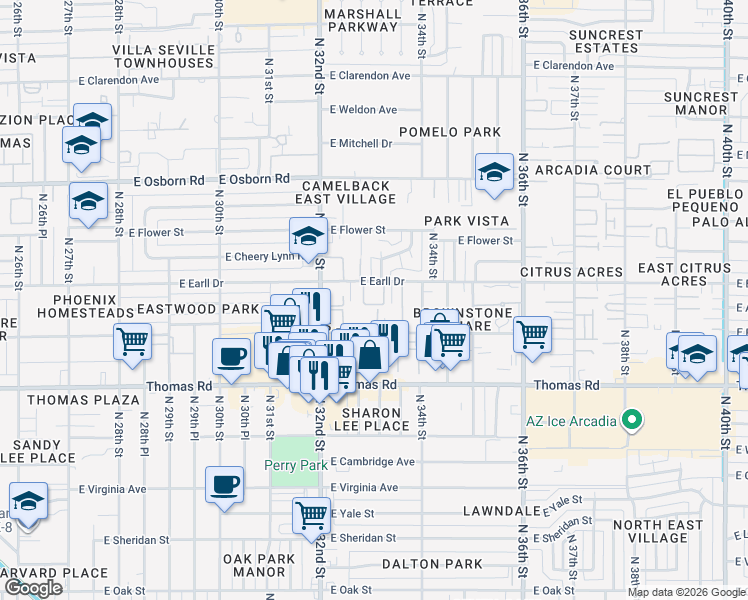 map of restaurants, bars, coffee shops, grocery stores, and more near 2320 East Pinchot Avenue in Phoenix