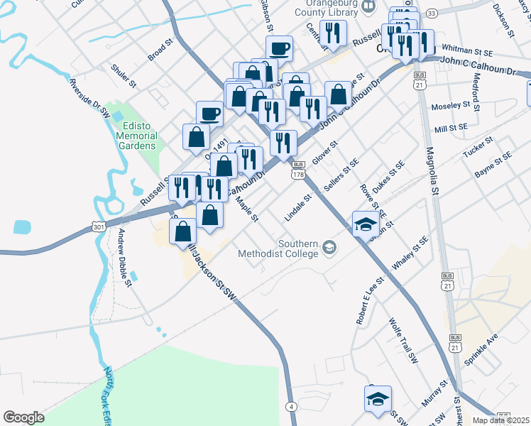 map of restaurants, bars, coffee shops, grocery stores, and more near 578 Riggs Street Southwest in Orangeburg