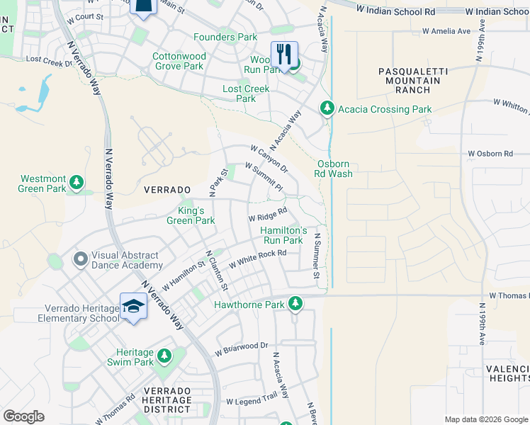 map of restaurants, bars, coffee shops, grocery stores, and more near 20477 West Ridge Road in Buckeye