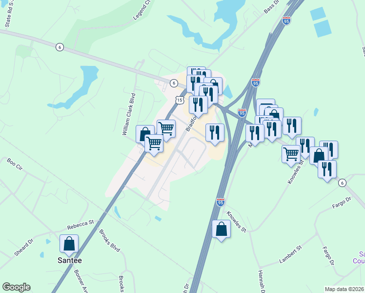 map of restaurants, bars, coffee shops, grocery stores, and more near 1 Andre Michaux Road in Santee