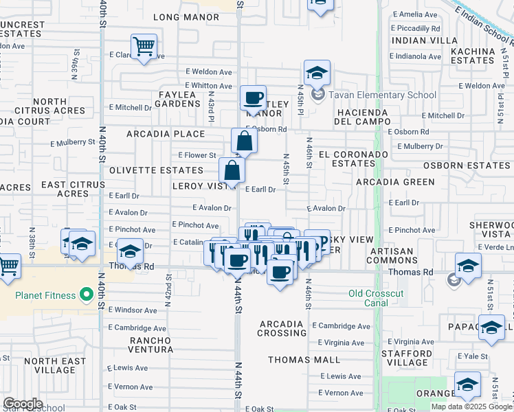 map of restaurants, bars, coffee shops, grocery stores, and more near 3033 North 44th Street in Phoenix