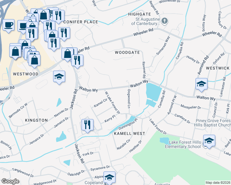 map of restaurants, bars, coffee shops, grocery stores, and more near 3107 West Lake Forest Drive in Augusta