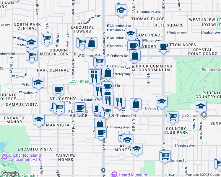 map of restaurants, bars, coffee shops, grocery stores, and more near 3033 North Central Avenue in Phoenix