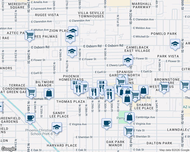 map of restaurants, bars, coffee shops, grocery stores, and more near 2924 East Pinchot Avenue in Phoenix
