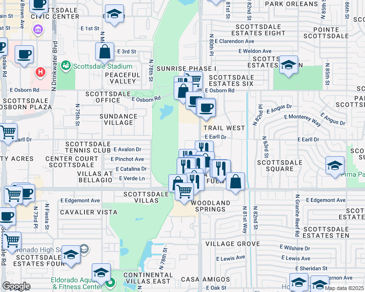 map of restaurants, bars, coffee shops, grocery stores, and more near 3130 Hayden Road in Scottsdale