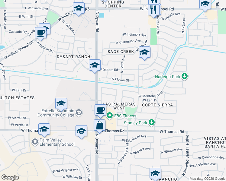 map of restaurants, bars, coffee shops, grocery stores, and more near 3205 North 130th Avenue in Avondale