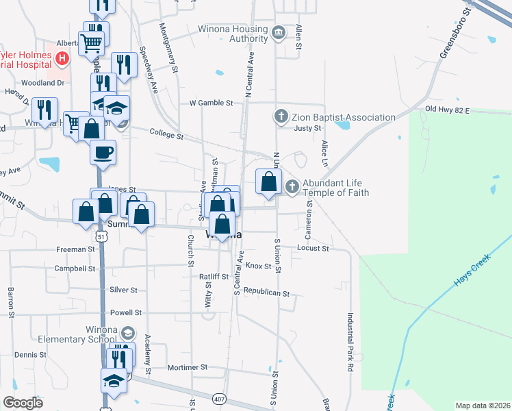 map of restaurants, bars, coffee shops, grocery stores, and more near 100-142 Liberty Street in Winona