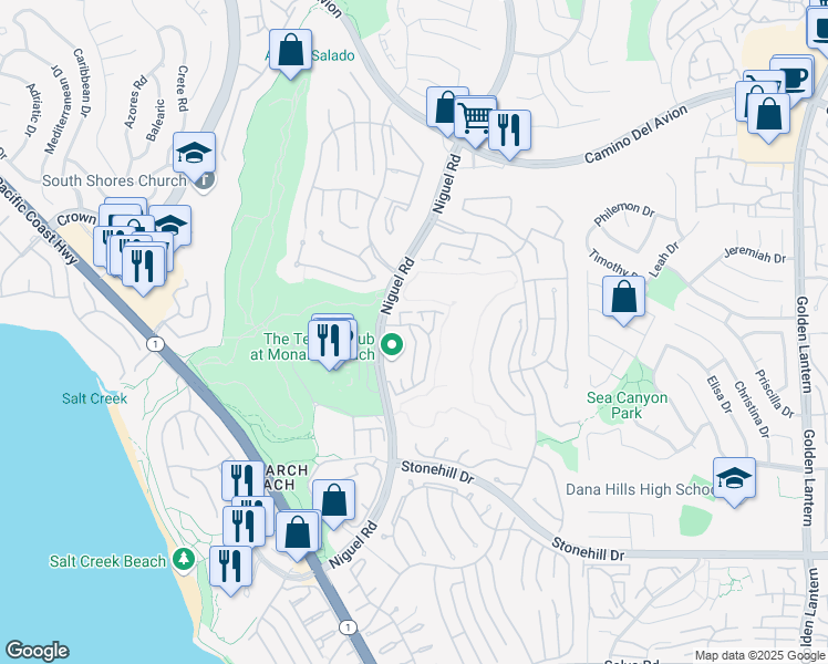 map of restaurants, bars, coffee shops, grocery stores, and more near 17 Centre Court in Dana Point