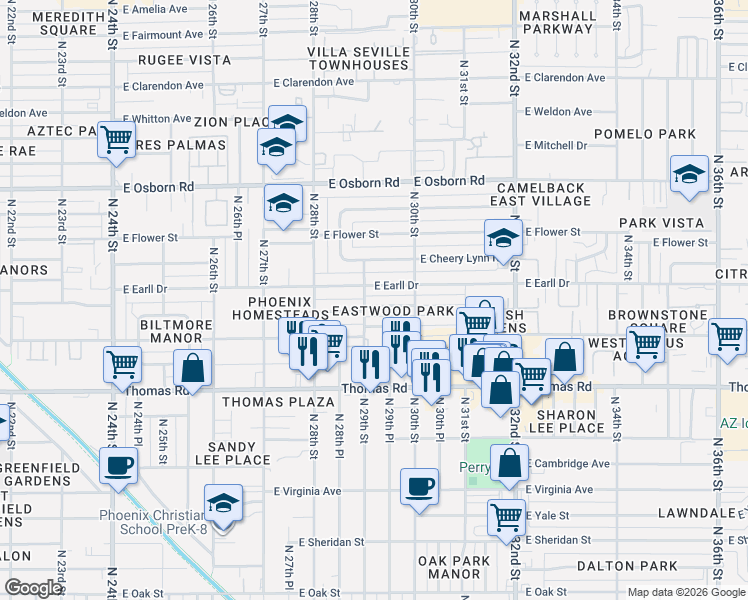 map of restaurants, bars, coffee shops, grocery stores, and more near 2924 East Pinchot Avenue in Phoenix