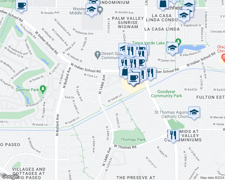 map of restaurants, bars, coffee shops, grocery stores, and more near 14324 West Avalon Drive in Goodyear