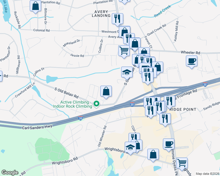 map of restaurants, bars, coffee shops, grocery stores, and more near 634-B South Old Belair Road in Grovetown