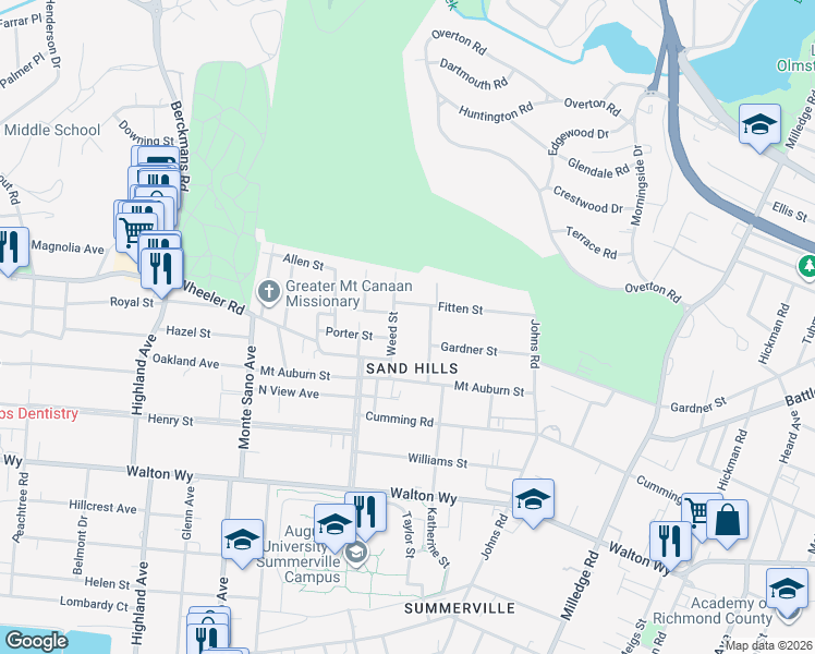 map of restaurants, bars, coffee shops, grocery stores, and more near 627 Montgomery Street in Augusta