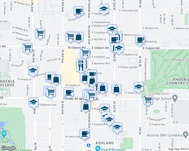 map of restaurants, bars, coffee shops, grocery stores, and more near 3033 North Central Avenue in Phoenix