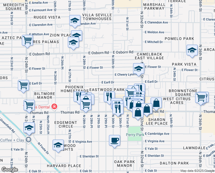 map of restaurants, bars, coffee shops, grocery stores, and more near 2924 East Pinchot Avenue in Phoenix
