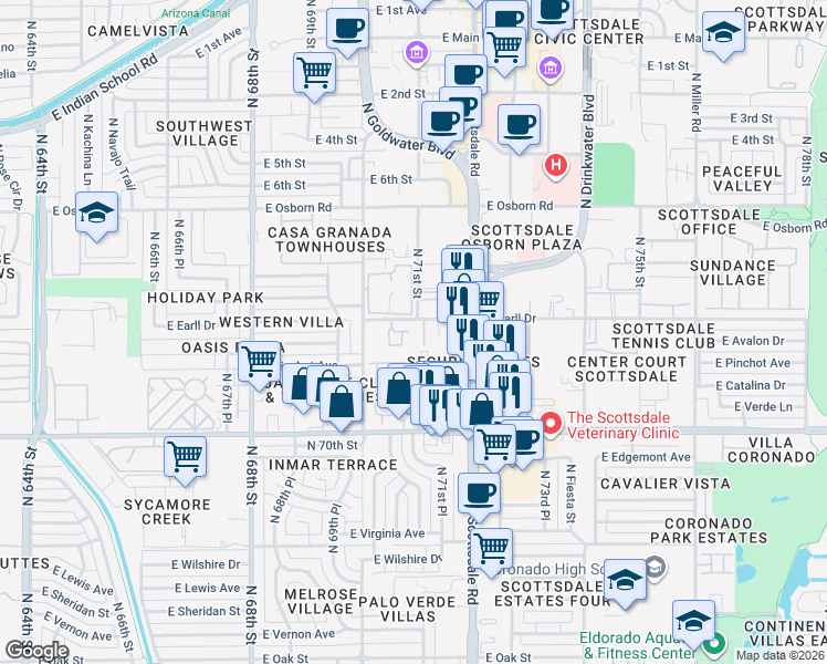 map of restaurants, bars, coffee shops, grocery stores, and more near 7047 East Earll Drive in Scottsdale