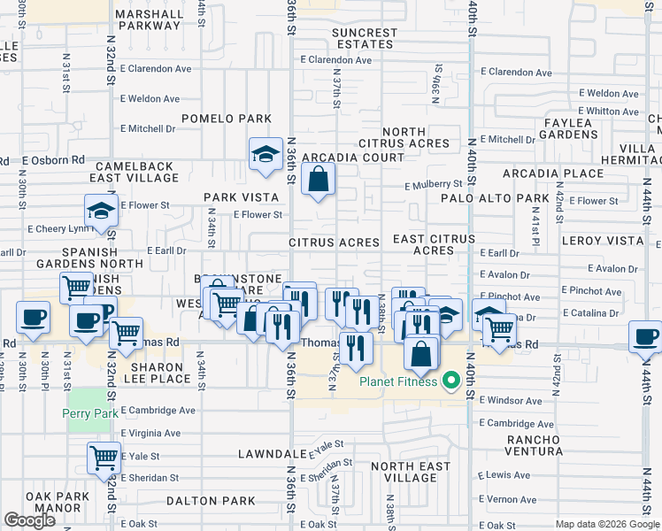 map of restaurants, bars, coffee shops, grocery stores, and more near 3034 North 37th Street in Phoenix