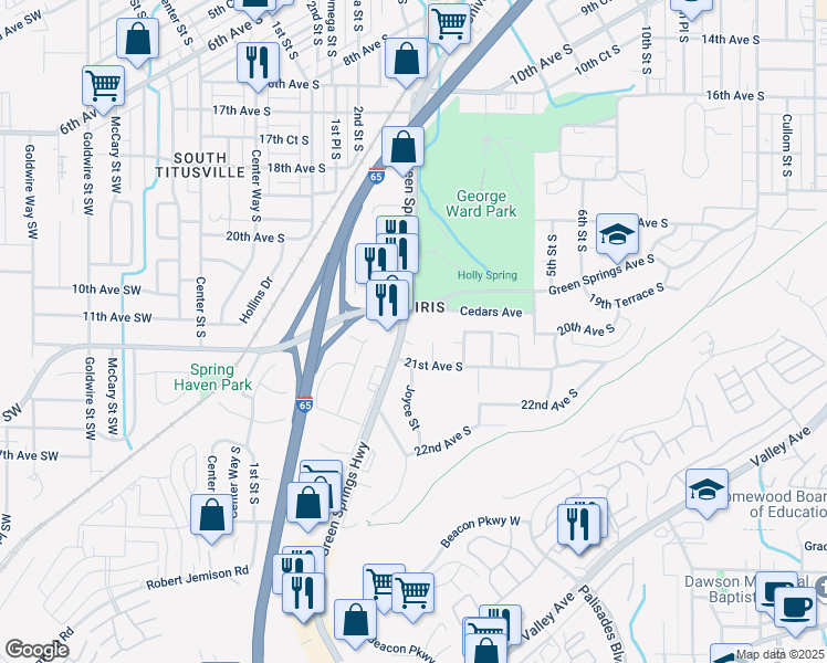 map of restaurants, bars, coffee shops, grocery stores, and more near 2049 Green Springs Highway in Birmingham
