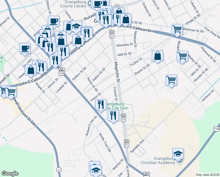 map of restaurants, bars, coffee shops, grocery stores, and more near 1 Rowe Street Southeast in Orangeburg