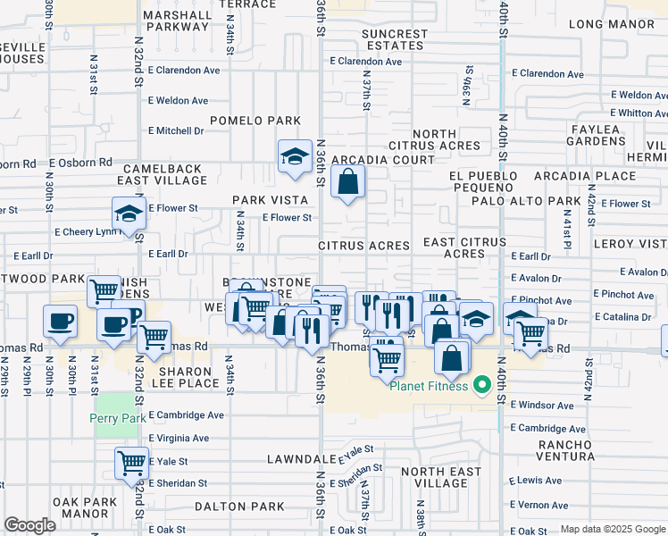 map of restaurants, bars, coffee shops, grocery stores, and more near 3009 North 36th Street in Phoenix