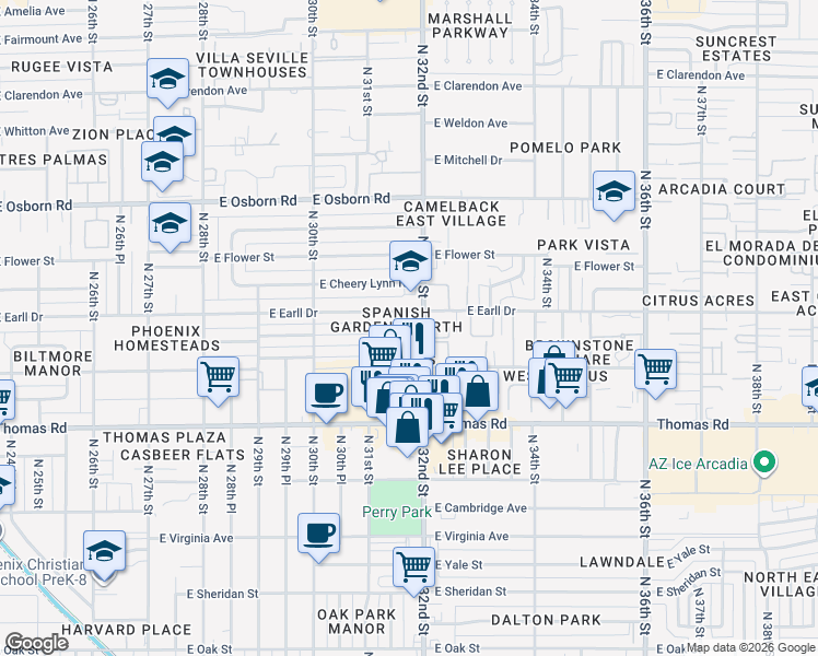 map of restaurants, bars, coffee shops, grocery stores, and more near 3022 North 32nd Street in Phoenix