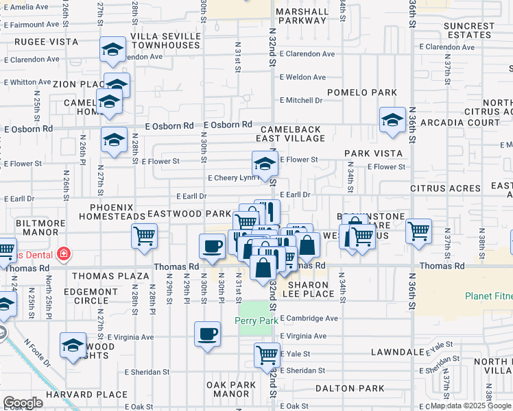 map of restaurants, bars, coffee shops, grocery stores, and more near 3022 North 32nd Street in Phoenix