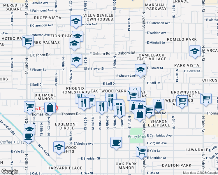 map of restaurants, bars, coffee shops, grocery stores, and more near 2924 East Pinchot Avenue in Phoenix