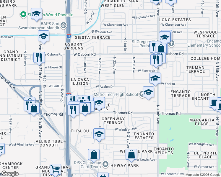 map of restaurants, bars, coffee shops, grocery stores, and more near 2215 West Pinchot Avenue in Phoenix