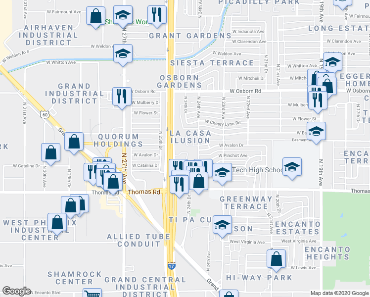 map of restaurants, bars, coffee shops, grocery stores, and more near 3020 North 24th Drive in Phoenix