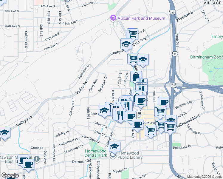 map of restaurants, bars, coffee shops, grocery stores, and more near 2622 B M Montgomery Street in Birmingham