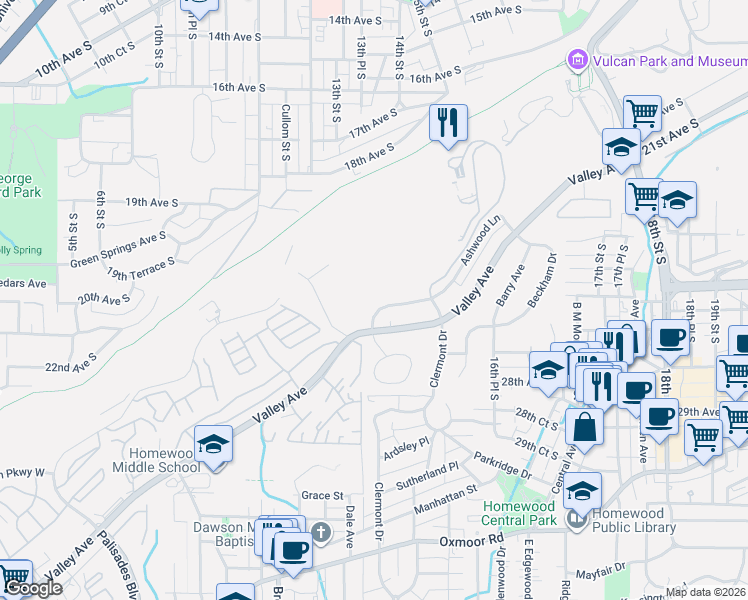 map of restaurants, bars, coffee shops, grocery stores, and more near 1500 Valley View Drive in Birmingham