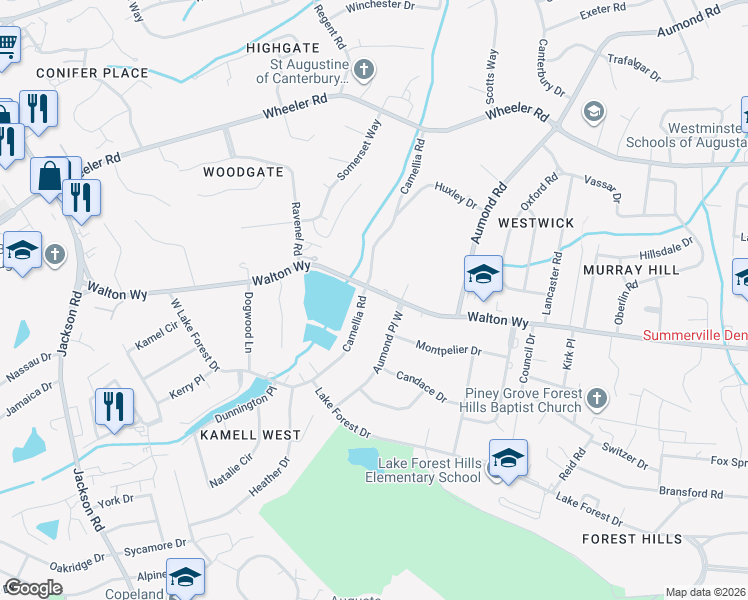 map of restaurants, bars, coffee shops, grocery stores, and more near 803 Aumond Pl W in Augusta