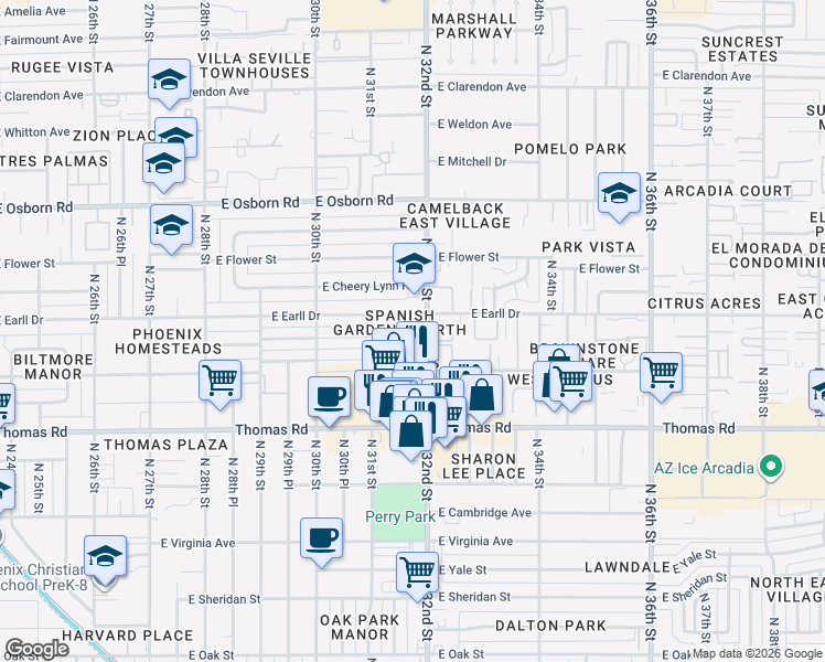 map of restaurants, bars, coffee shops, grocery stores, and more near 3022 North 32nd Street in Phoenix