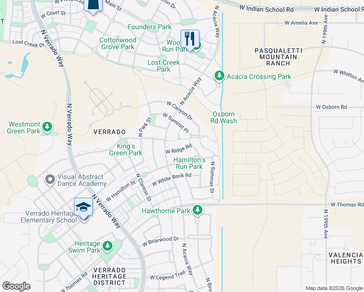 map of restaurants, bars, coffee shops, grocery stores, and more near 20477 West Ridge Road in Buckeye