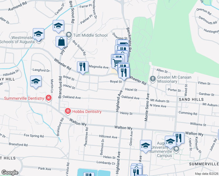 map of restaurants, bars, coffee shops, grocery stores, and more near 2713 Hazel Street in Augusta